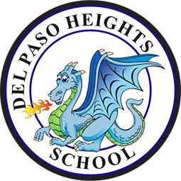 Del Paso Heights Elementary School Logo - Blue Dragon in the center of a circle with the words Del Paso Heights School